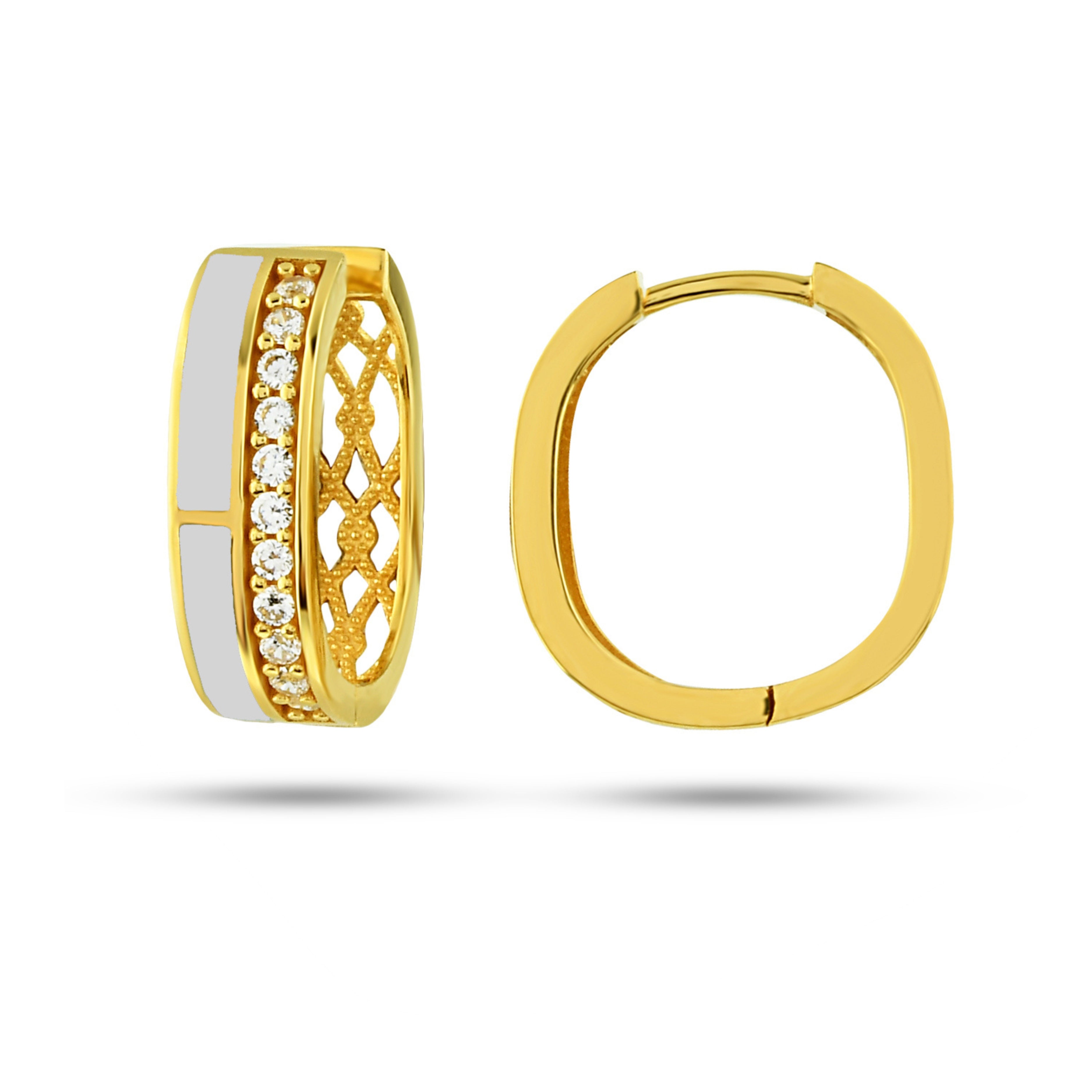 Zlaté náušnice s bielym detailom a zirkónmi – CREYO Élégance GEOMETRIC