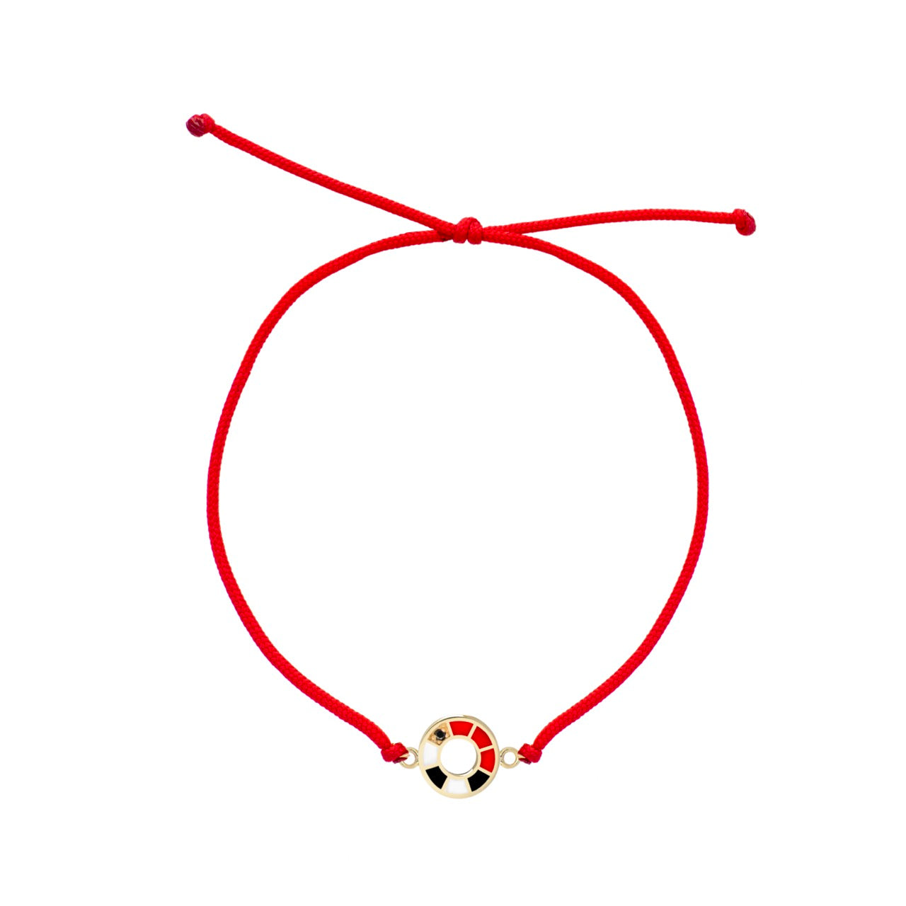 Moderný náramok CREYO LUNA zo 14K zlata s červenou šnúrkou a farebným smaltom