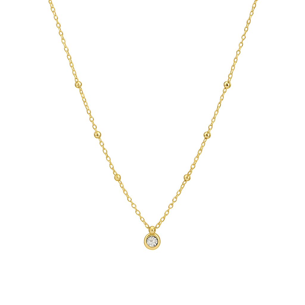 Jemný zlatý náhrdelník s čírym zirkónom a dekorovanou retiazkou – detail