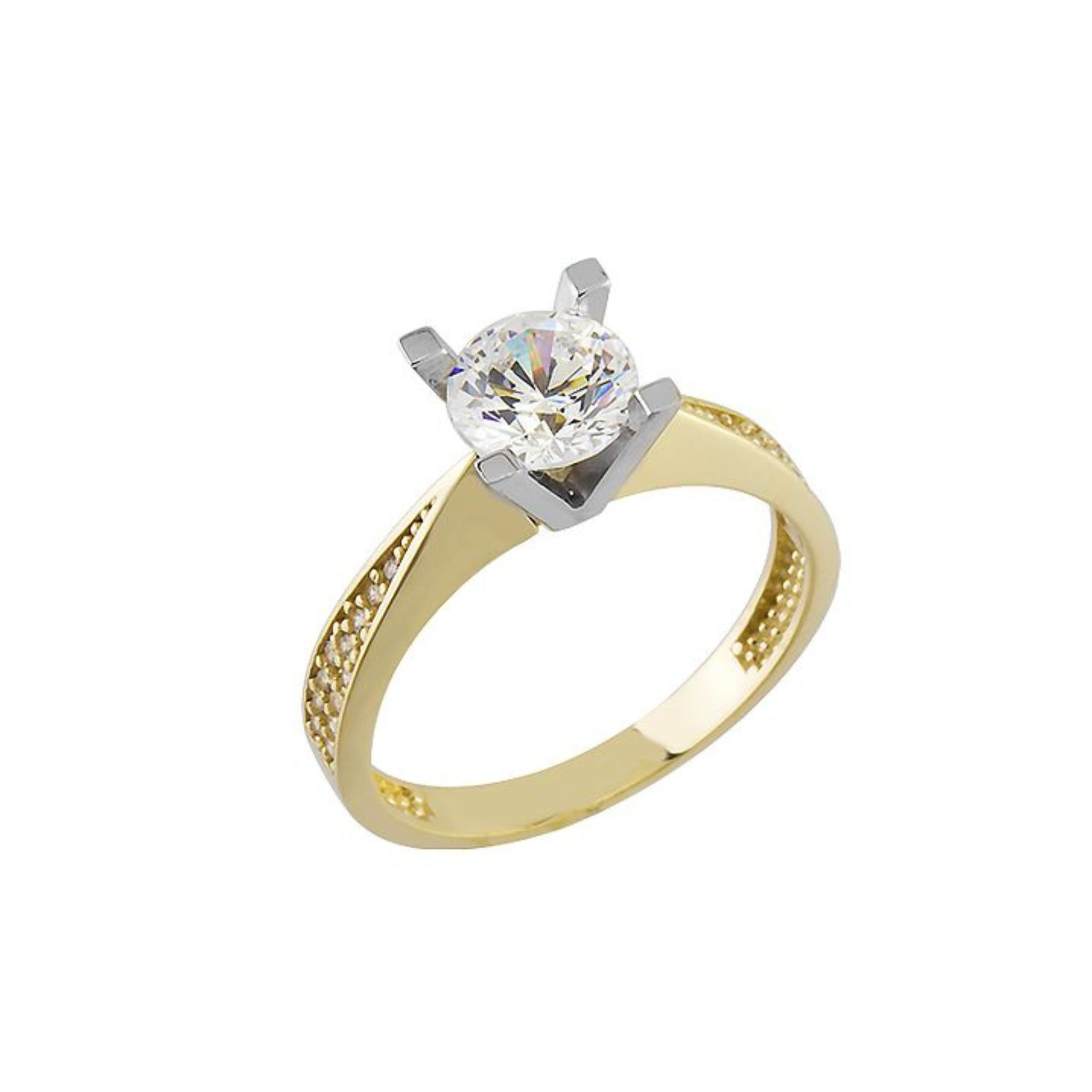 Zlatý prsteň VIVARA zo 14-karátového zlata s centrálnym zirkónom a bočnými zirkónmi na obruči.
